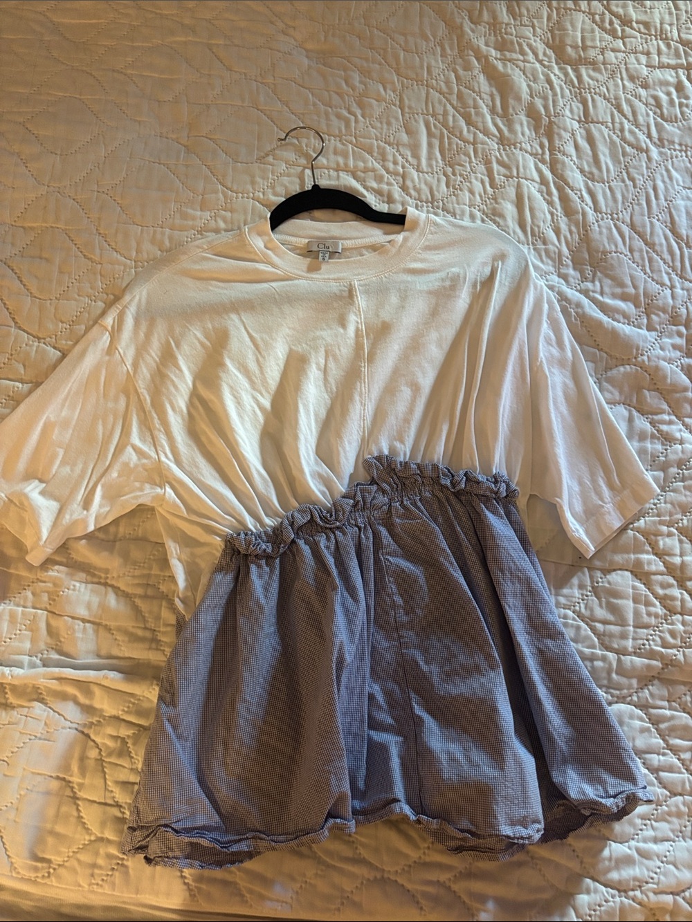 White Girls' Short Sleeve Top with Blue Peplum Detail